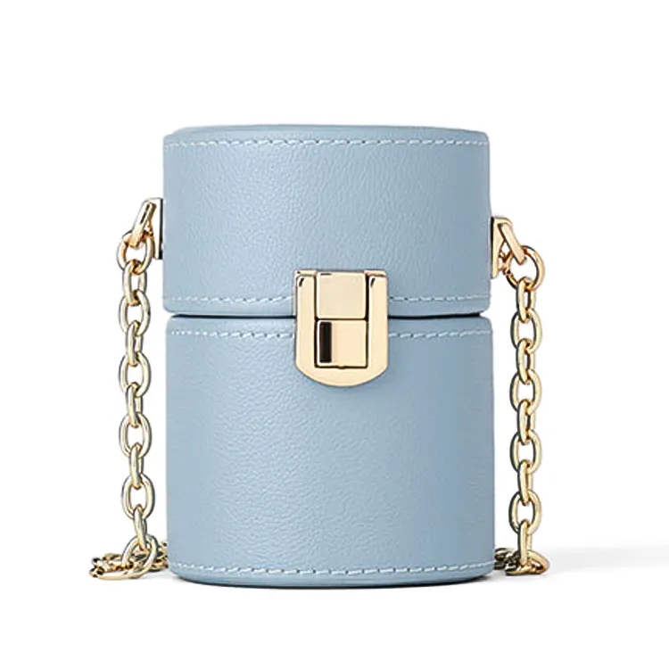 New product ladies blue round bucket long gold chain shoulder bag fashion custom PU leather women 's crossbody bag