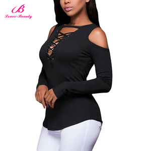 Descuento grande simple negro hombro frío casual diseños mujeres tops blusa larga - Product Image 2