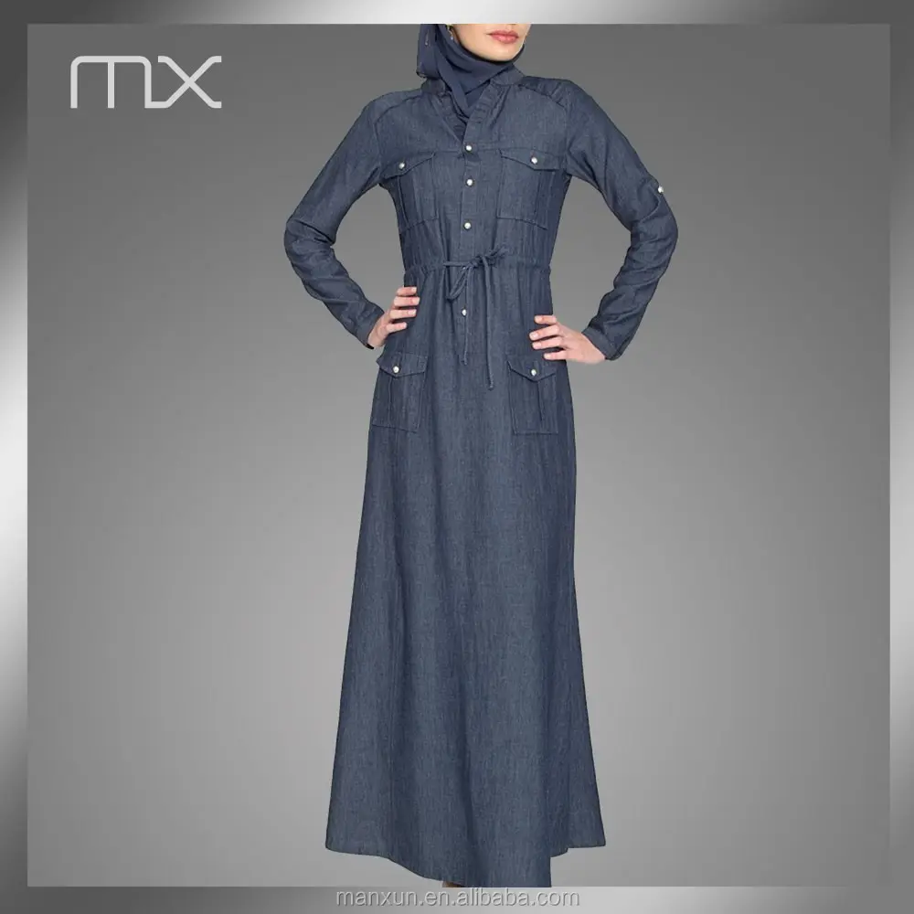 中東パキスタンのイスラム教徒のドレス新しいスタイルのケバヤロングマキシドレスデニムアバヤイスラム服