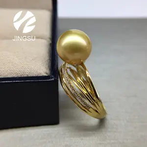 Wanita Pernikahan 18K Emas Alami Warna Emas South Sea Sempurna Mutiara Cincin