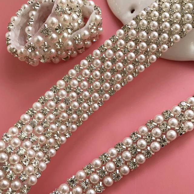 Bridal Pearl Applique Beaded Rhinestone Trim Wedding Sash Gown Straps