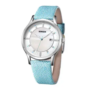 China Supplier blue diamond 3 atm waterproof genuine Rhinestone Japan movement cheap leather straps watch wholesale
