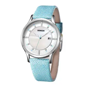 BOMAXE China Supplier Blue Diamond 3 ATM Waterproof Genuine Rhinestone Japan Movement Cheap Leather Straps Watch Wholesale