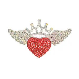 ของขวัญสำหรับผู้หญิงแฟนสาวหัวใจปีกนางฟ้ามงกุฎเข็มกลัดสีแดงคริสตัลสีเงิน-โทนวันวาเลนไทน์เข็มกลัด Pin