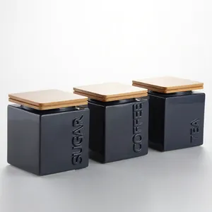 Thee Suiker Koffie Opslag Jar Cube Black Keramische Bus Met Bamboe Deksels