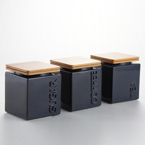 Ceramic Storage Jar With Lid Tea Sugar Coffee Storage Jar Cube Black Ceramic Canister With Bamboo Lids