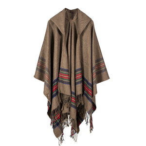 Wholesale Womens Winter Stripe Cardigan Shawls <strong>Poncho</strong> Capes Tassel Cashmere <strong>Ladies</strong> Blanket Hooded Shawl <strong>Poncho</strong> - Product Image 1