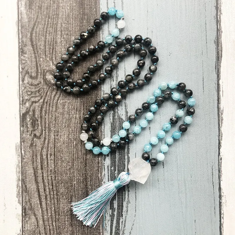 St0609 Zwart Labradoriet En Blauwe Stenen Geknoopte Mala 108 Gebed Rauw Kwarts Helende Steen Mix Kleur Kwast Ketting Mannen