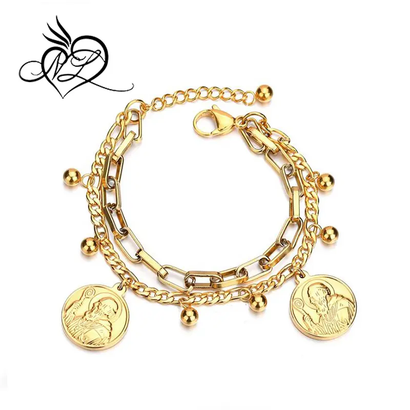 Gold Plating Stainless Steel Korean NK Box Chain Knitting Linked Saint Benedict Religious Medal With Balls Charms Bracelet