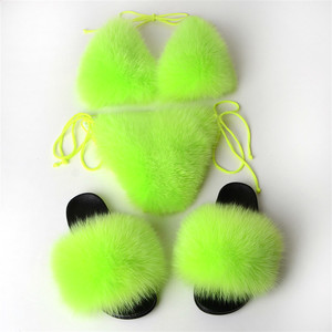 טבעי שועל פרווה חזיית פרווה מרופד חזיית עבור בנות סקסי נשים בגדי ים כפכפים וחוף רחצה חליפת ביקיני נעלי סט - Product Image 5