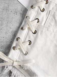 KY Summer Lady <strong>White</strong> Low Waist Zipper Fly Lace up Cutoffs Ripped <strong>Jeans</strong> <strong>Shorts</strong> - Product Image 5