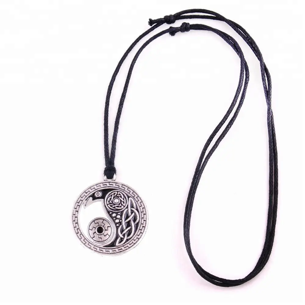 N0582 Huilin Bijoux Vintage Belle Celtique Corbeau Pendentif-Morrigan Corbeau Yin Yang Amulette Chaîne De Cire Collier