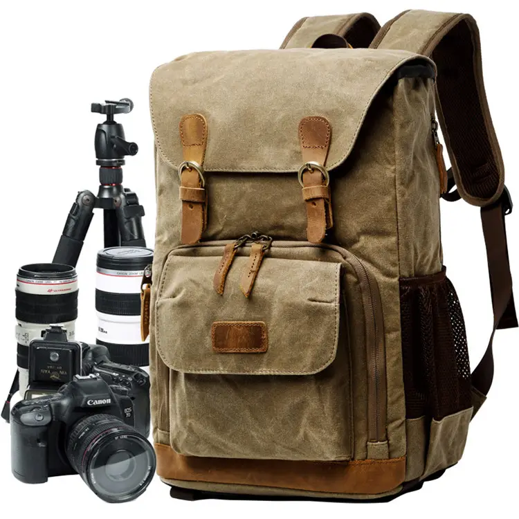 Oil Wax Canvas Leather Rucksack Stylish Camera Backpack Bag