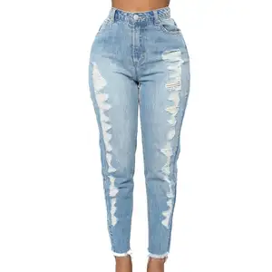 Contemporâneo novo modelo calças jeans para mulheres, cintura alta, destruído, lavado, estreito, perna, jeans, reta, cintura alta, azul