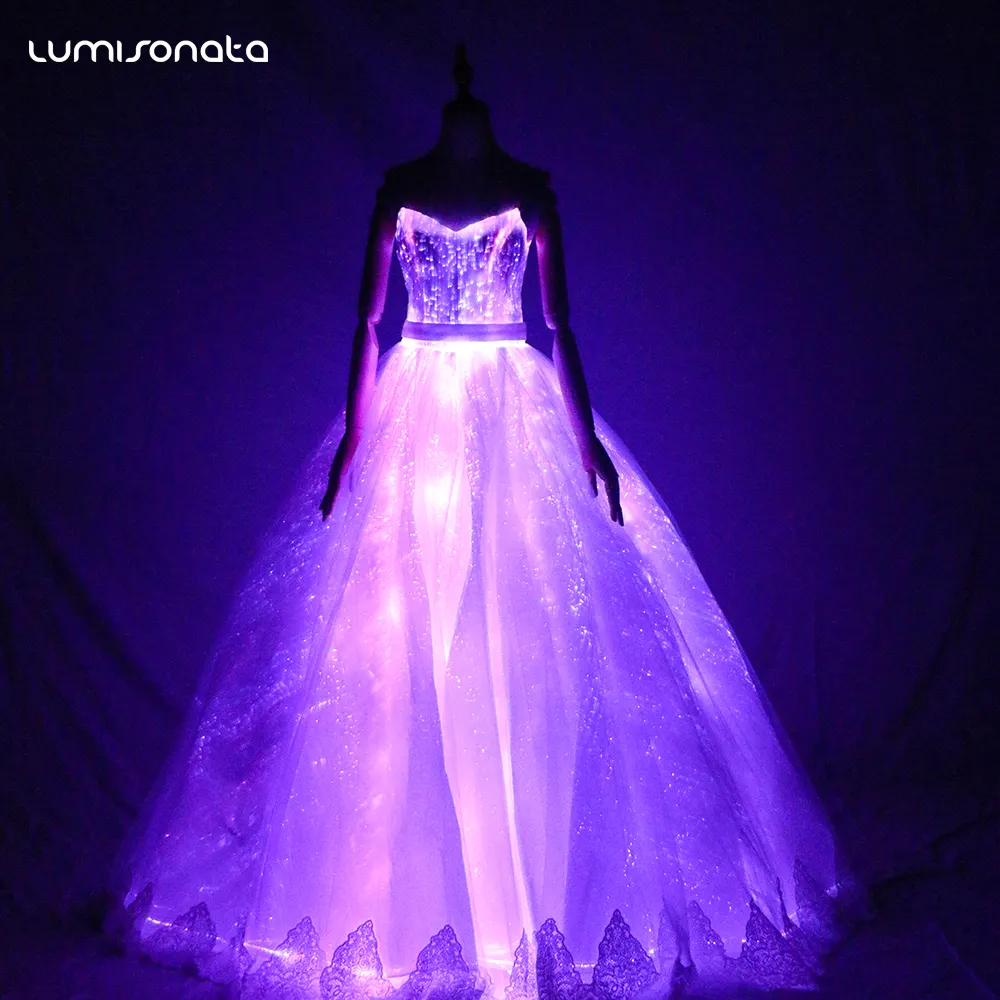 Vestido de novia de fibra óptica con luces led, traje de baile