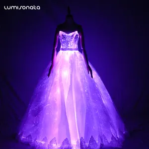 Traje de dança led elegante, fantasia de fibra óptica para casamento, vestido de baile