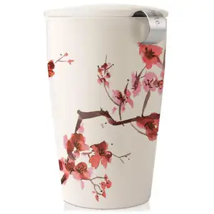 Seramik fincan bardak seramik çay bira bardağı demlik sepeti ve kapaklı dik, gevşek yaprak çay makinesi, kiraz çiçekleri