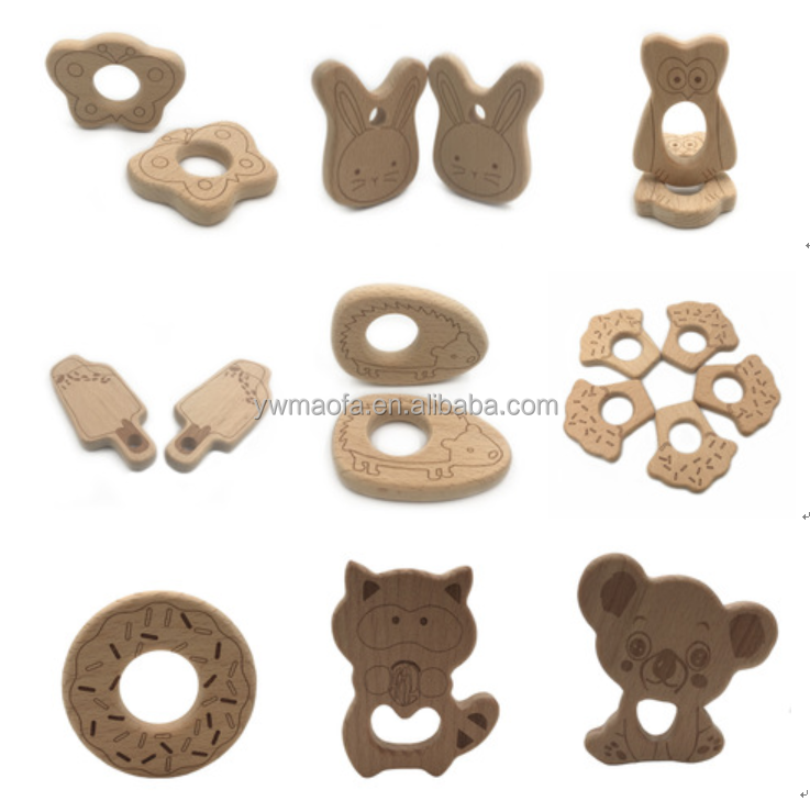 Оптовая продажа, детские деревянные Прорезыватели для зубов из натурального необработанного бука в форме животного
