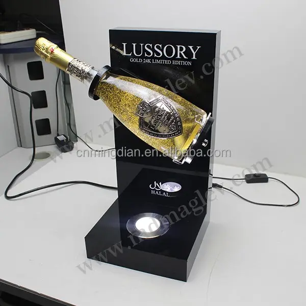 Expositor de garrafa de vinho giratório de acrílico brilhante dourado para exposição