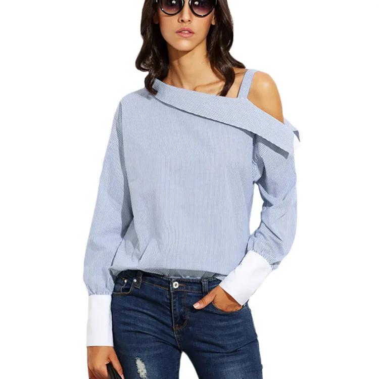 Ladies Fashion Fold Over Asymmetric Shoulder Long Sleeve Striped Blouse Women Trendy Modern Slash Neck Shirt HSB6301
