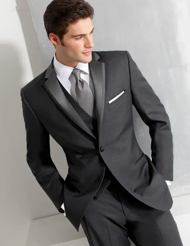 Designer Business 3 Piece Coat Pants Vast Notched Lapel Gray Suit Wed WF043