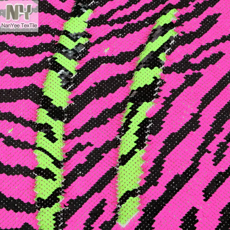 Nanyee Textile Neon Hot Pink Lime Tiger Zebra Skin Flip Sequin fabric On White Satin Backing