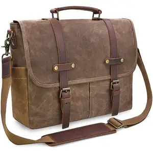 BOSHIHO Mens Messenger Bag 15.6 Inch Waterproof Vintage Genuine Leather Waxed Canvas Laptop Briefcase Shoulder Computer Bag