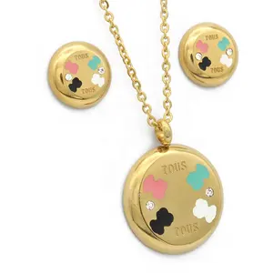 Cheap Beautiful Colored Enamel Bear Design Crystal Gold Bridal Jewelry Necklace Sets