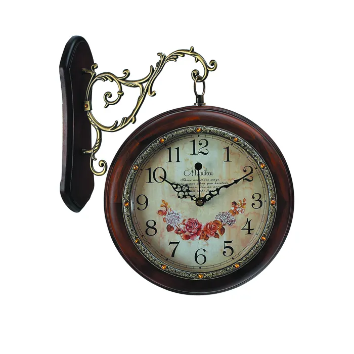 Antique design wooden double side wall clock non ticking for wall decor