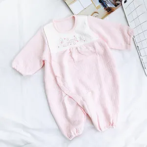 卸売ベビーロンパース新生児女の子ロンパースジャンプスーツかわいいクマプリントスナップボタン長袖ピンク綿100% 服ロンパース