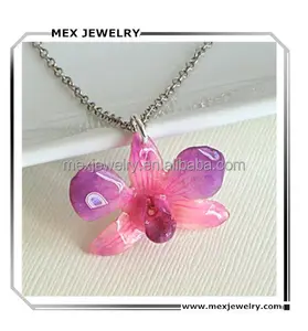 Unique resin enamel real mini pink purple edge orchid flower pendant Necklace for women