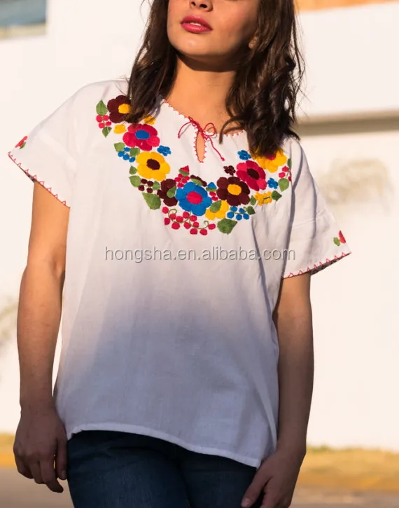 Nieuwste Mexicaanse Kleding Bloem Borduren Blouse Nek Ontwerpen Patronen Geborduurd T-shirt HSt5011