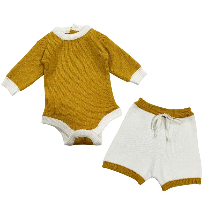 Sıcak satış çocuk butik giysileri örme düz renk uzun kollu elastik kemer gaf bebek tulum ile geri düğmeleri