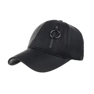 الأزياء قبعة بيسبول مع سستة جيب مخصص جلد طبيعي أسود جيب البيسبول قبعة