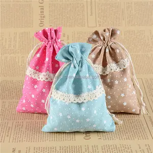 MOQ 100pcs stock lace design promotion cotton jute pocket bag 10*14cm linen drawstring pouch for jewelries and gift item