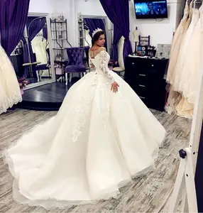 Gaun Pengantin Berenda Merek Applique Scoop Bermanik-manik Gaun Pengantin Panjang Lantai Vestido De Noiva Gaun Pengantin Desain Terbaru