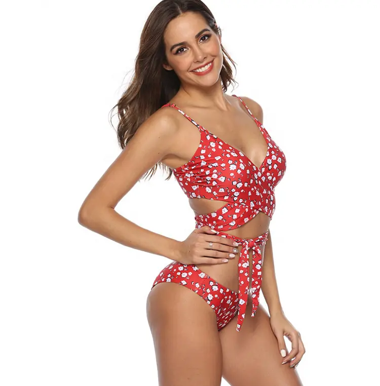 Custom Sexy Floral Print Swimsuits Hot Sell Sexy Red Bandage Bikini For Mature Women