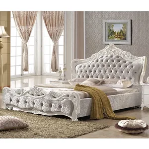 Luxury royal style silver grey bed bedroom sets with white solid wood furniture from Foshan