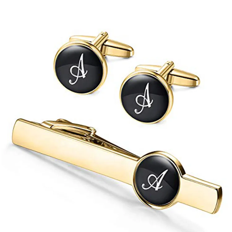 Stainless Steel Tie Clip and Initial Cufflinks for Men Women, Alphabet Letter A-W Cufflinks and Tie Pin Set for Business Wedding