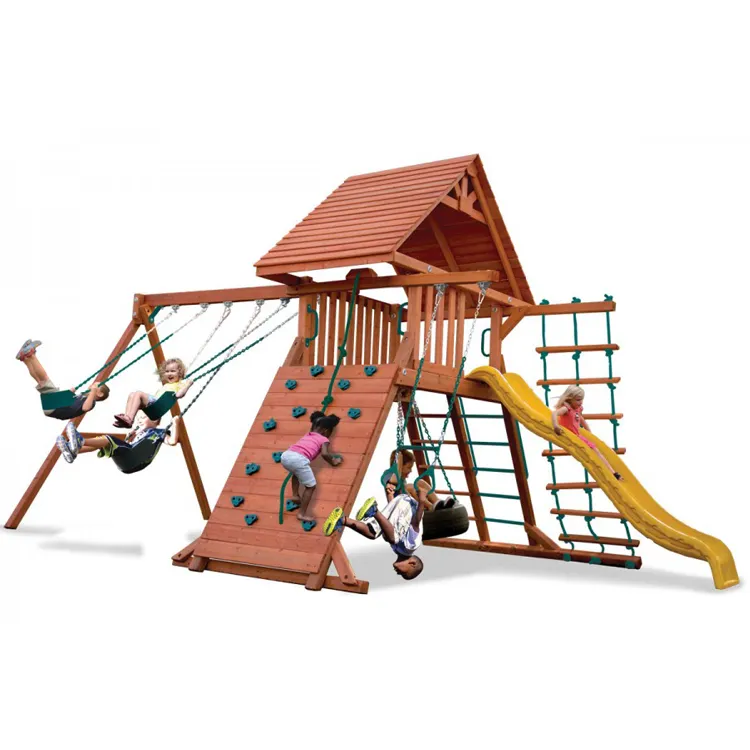 HOT SALES Outdoor-Spielplatz Holz klettergerüst Schaukel Set mit Kunststoff rutsche