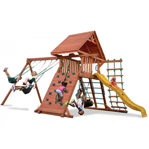 Cadre d'escalade en bois pour aire de jeux extérieure, balançoire avec glissière en plastique, Offres Spéciales