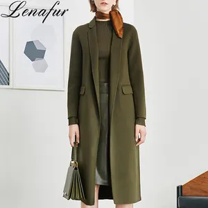 Fashion Casual Light Grey Navy Green Winter Open Long Woolen Fur Coat Double Face 100% Lamb Sheep Cashmere Fur Coat for Women