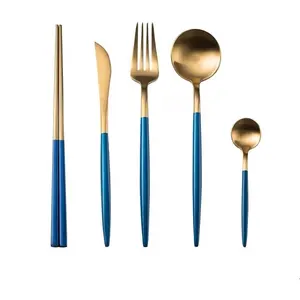 High End Luxury Dinnerware Silverware Set Stainless Steel Spoon Fork Knife Set Navy Blue Handle And Gold Cutlery Set