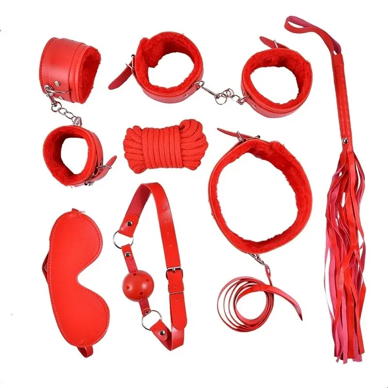 Kit de Bondage sexuel en cuir PU, 7 pièces, jeux pour adultes, séduction, costume Sexy, manchettes, fouet, collier, jouets érotiques pour Couples, vente en gros,