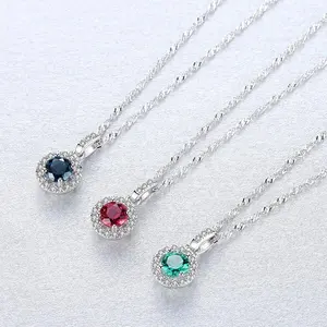 Silver Necklace CZCITY Colorful Created Gemstone Pendant 925 Sterling Silver Round Tiny CZ Paved Pendant Women's Necklace Jewelry