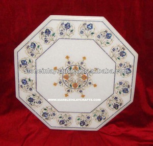 Haut de Table rouge et blanc, incrustation de marbre, rose - Product Image 1
