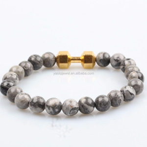 Hommes bracelets 8mm gris jesper naturel pierre perles bracelets fitness bijoux dumbell pierres précieuses bracelet - Product Image 2