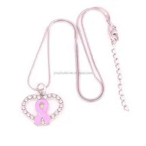 Joyería de concientización sobre el cáncer de mama, collar de cadena de serpiente con cristal pavé de corazón y cinta rosa para regalo - Product Image 1