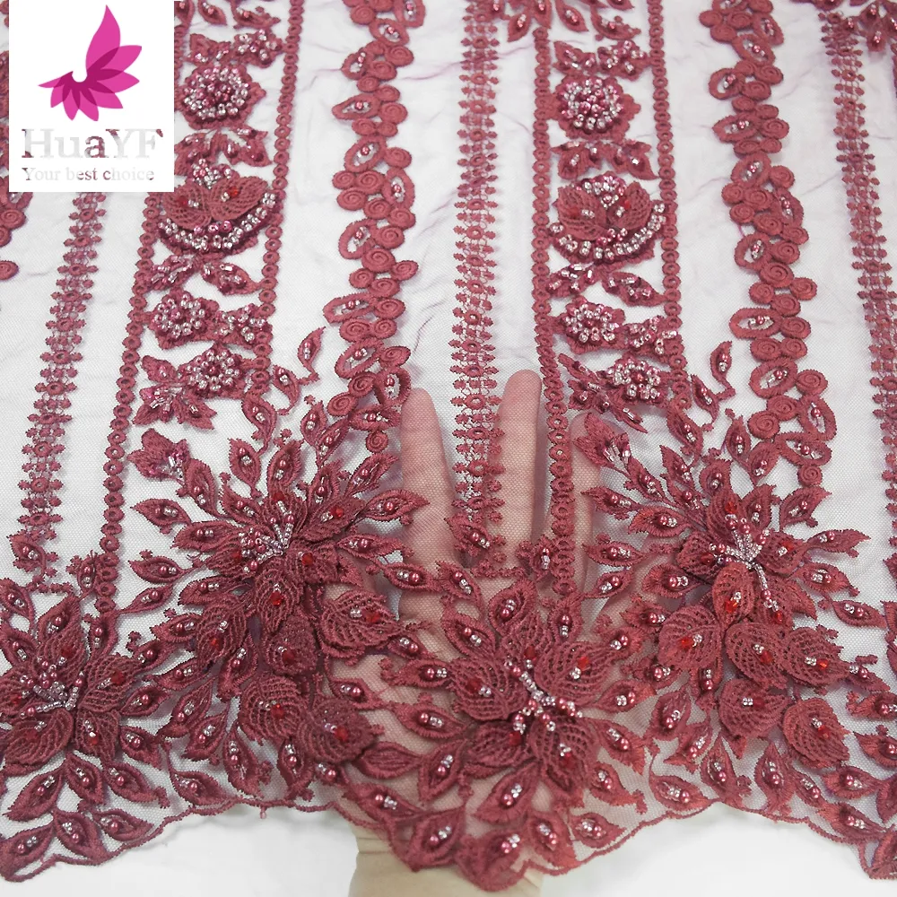 Последняя Тяжелая сделанная вручную из Красного кружева ткани с бисером вышивкой блестящей французское кружево HY1095-2