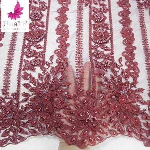 Ultimo pesante tessuto di pizzo rosso fatto a mano con perline ricamate lucide HY1095-2 di pizzo francese - Product Image 1